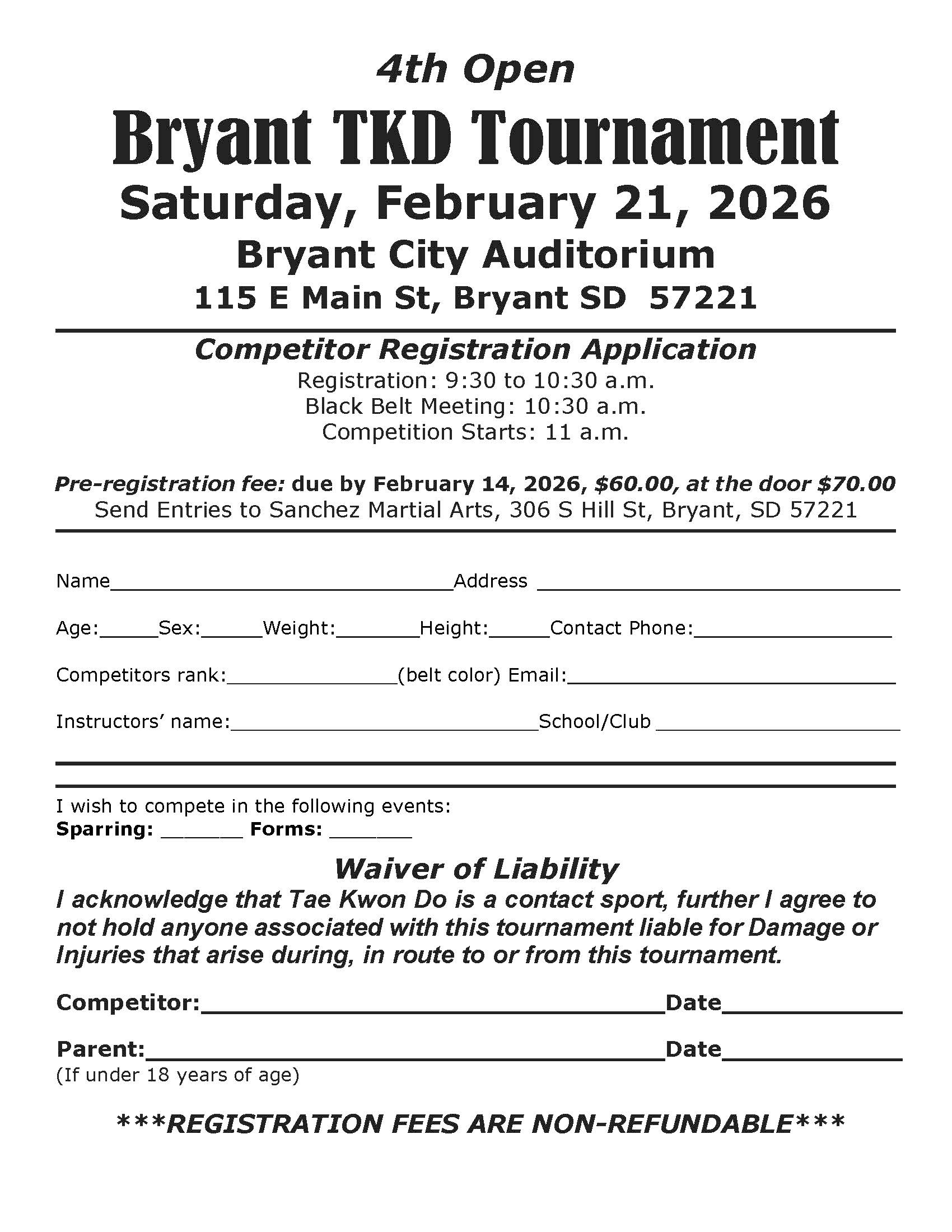 Bryant 4th TKD Open Tournament Registration 2026 WEB